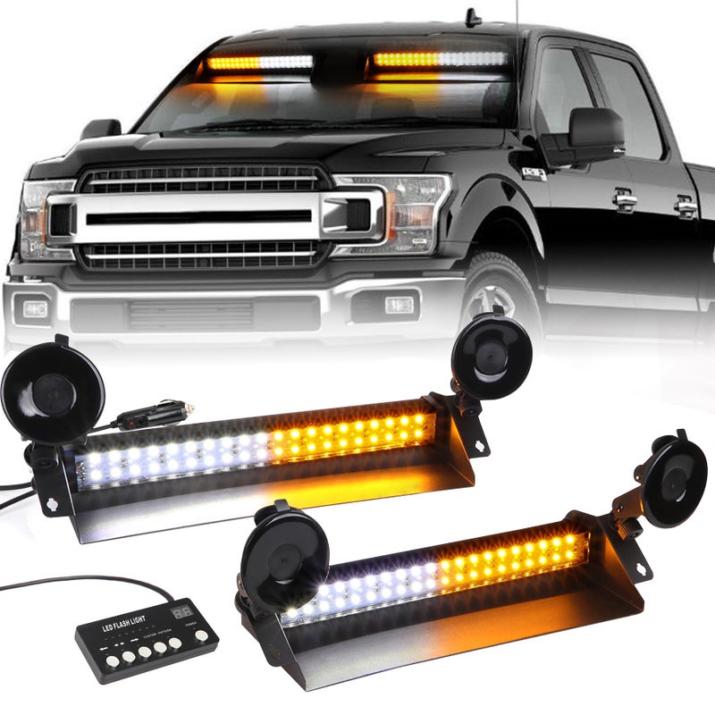 SMALLFATW Emergency Dash Strobe Lights for Trucks 80 LED Warning Hazard Flashing Light Bar Visor Interior Windshield Traffic Safety Lights for Construction Vehicles(2x14 inch, Amber/White) - Image 1